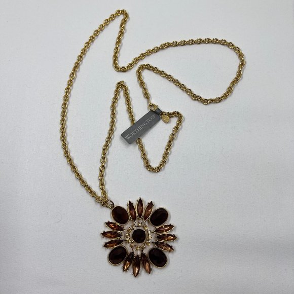 NWT – Worthington Gold Toned 32” Large Chain Necklace w/ Jeweled Flower Pendant - Picture 3 of 5
